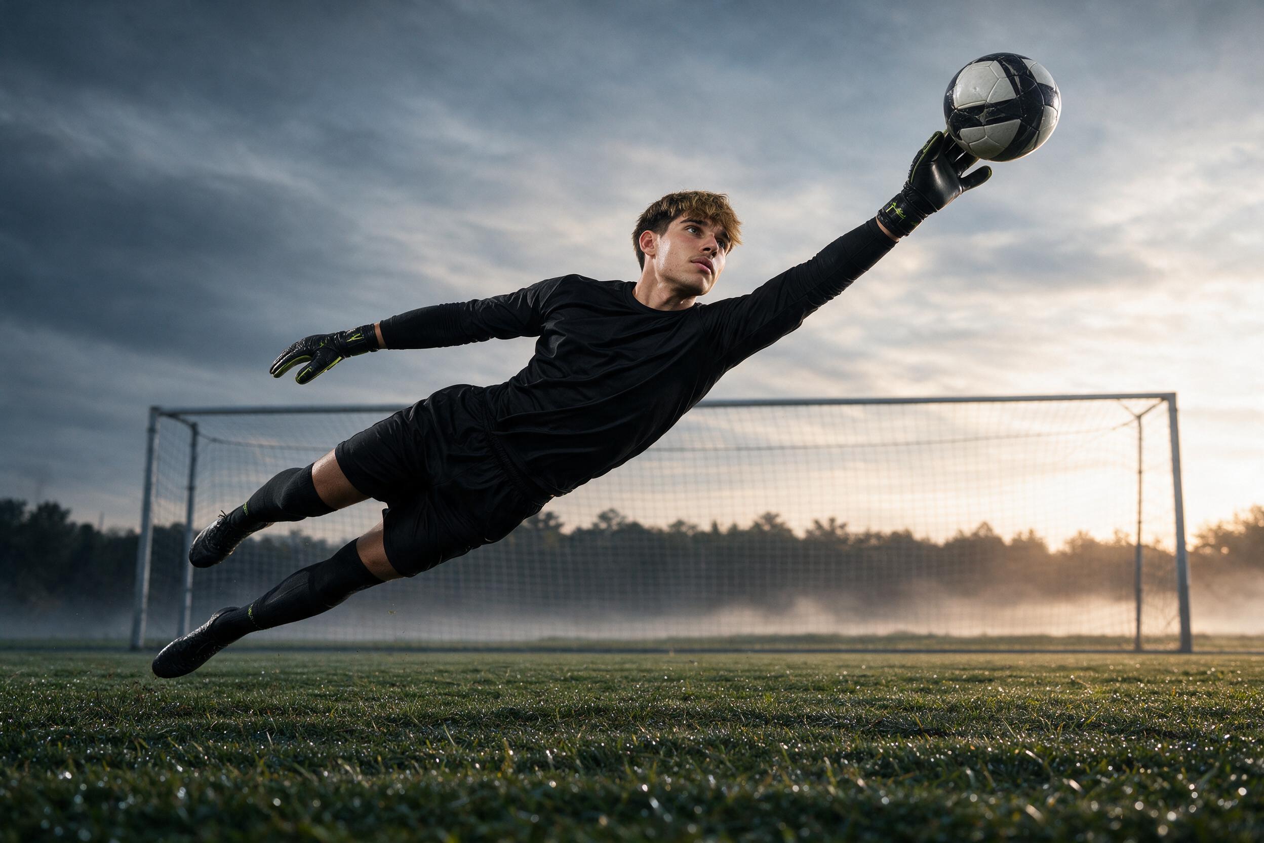 Andreas Constantinou making a full-stretch save during goalkeeper training