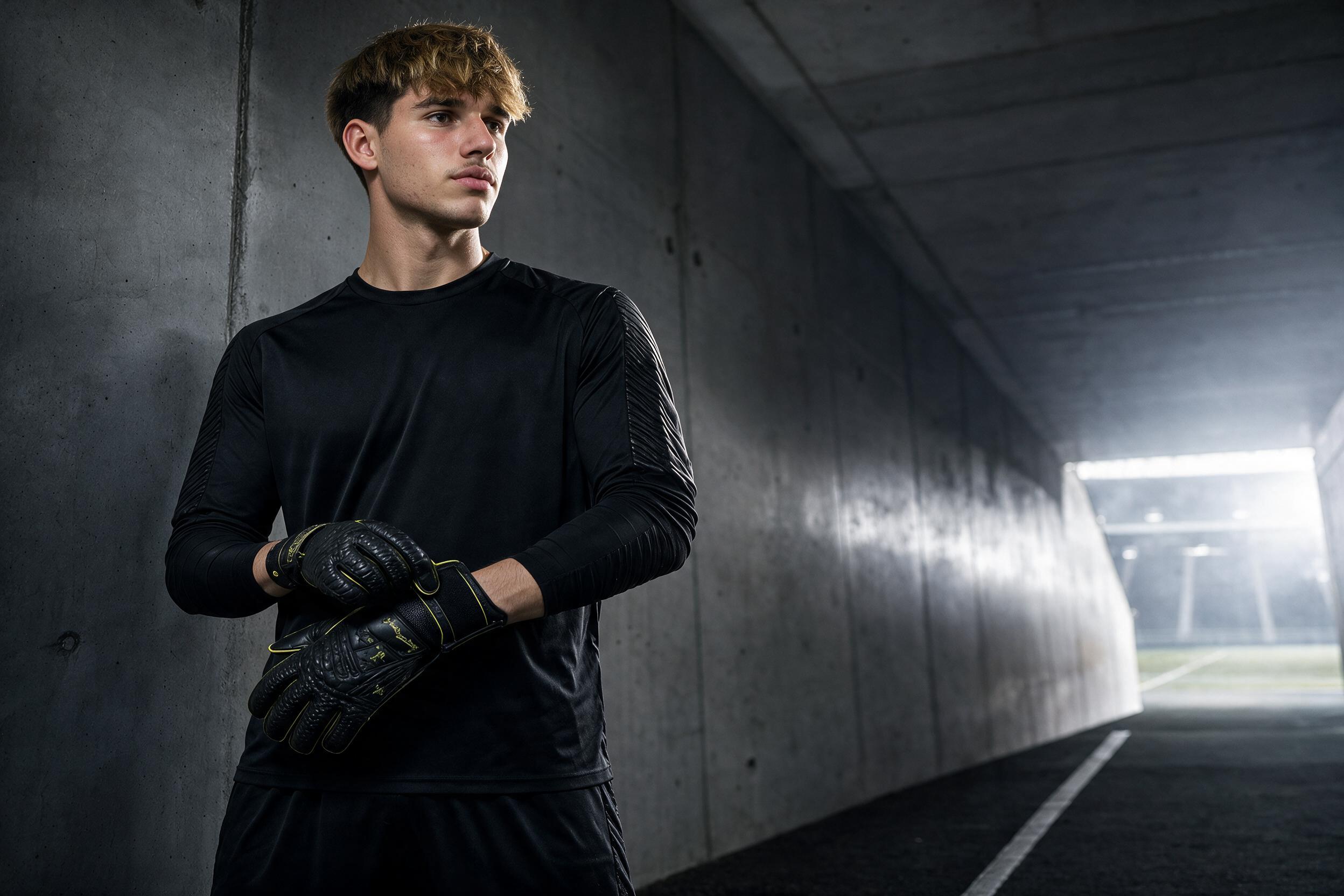 Andreas Constantinou fastening his goalkeeper gloves in a concrete stadium tunnel